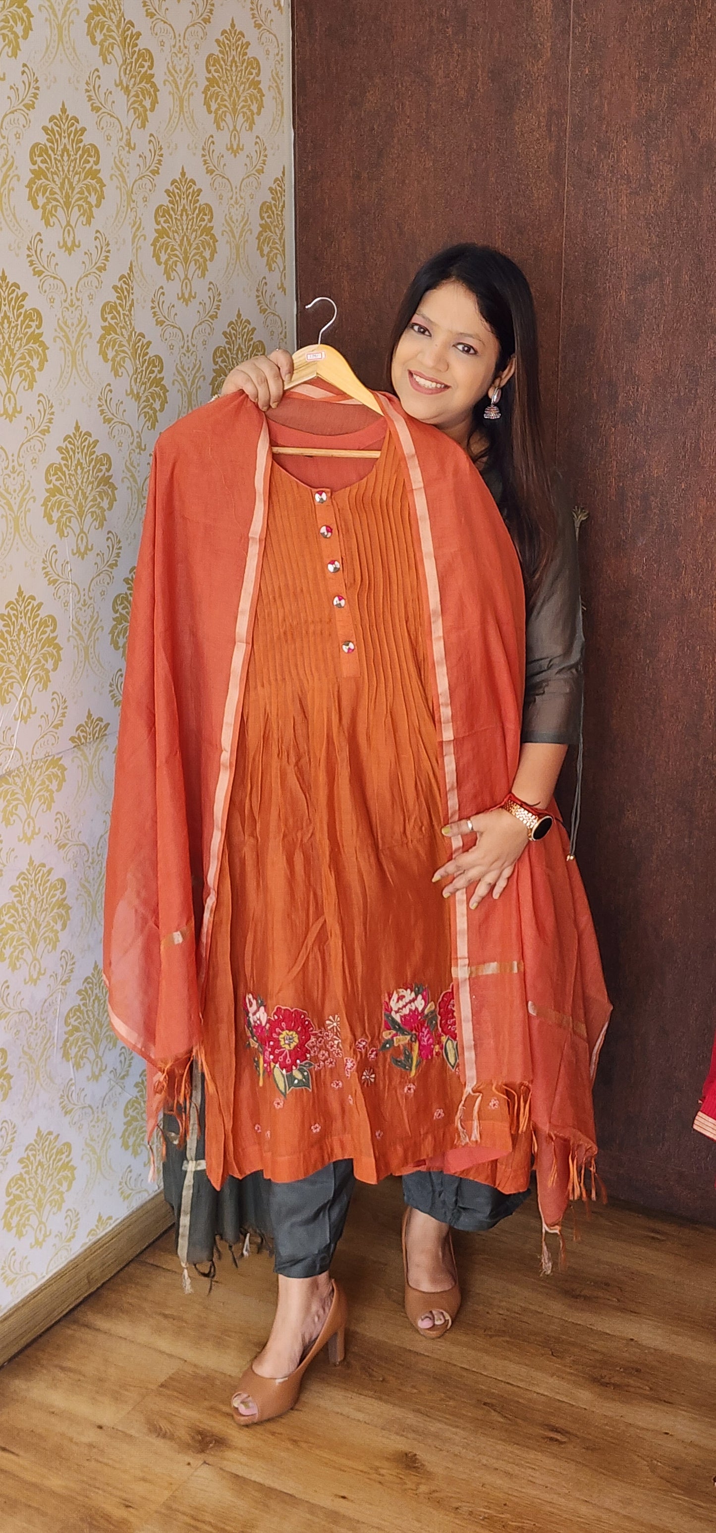 Rust pure mul chanderi with cotton lining three piece set (P863)