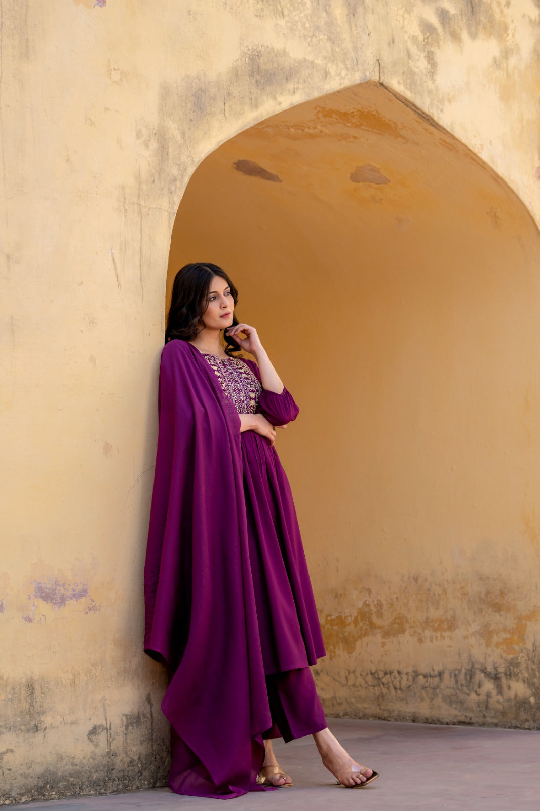 Dark purple cotton modal fully embroidered three piece set (P2136)
