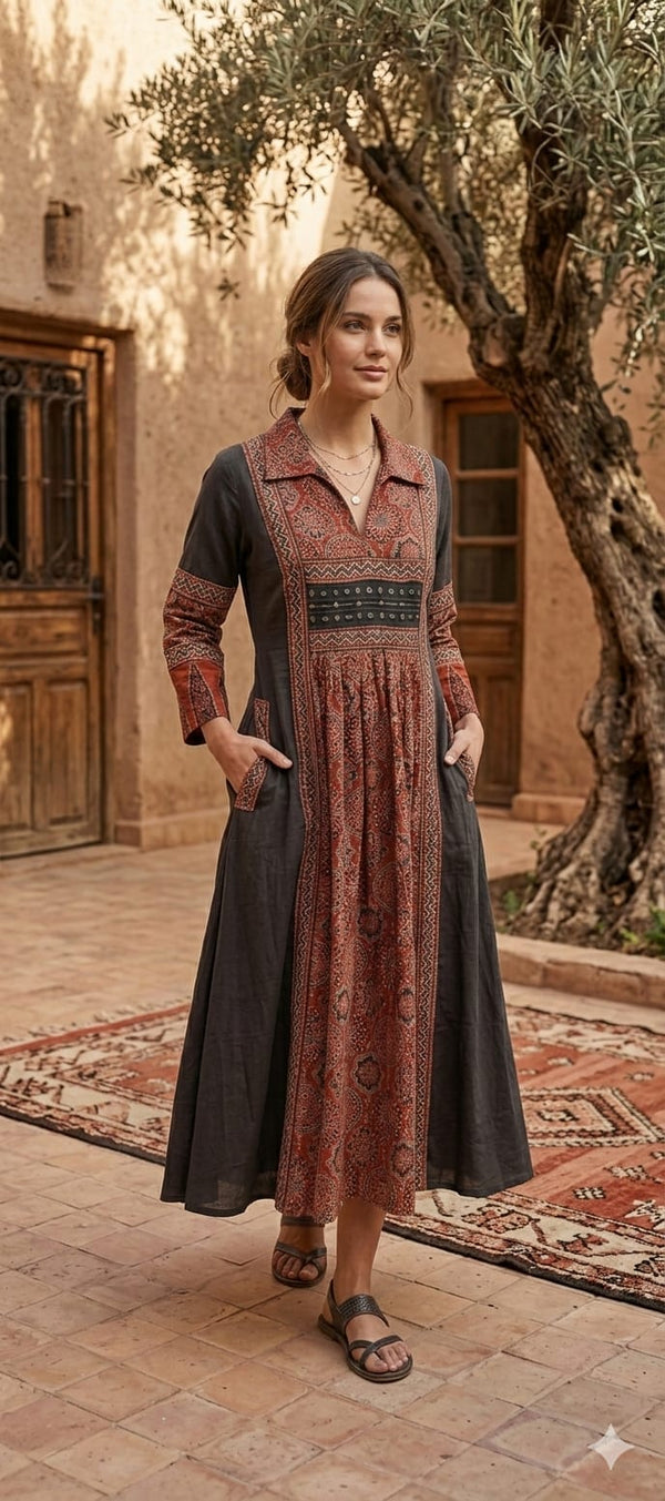 Handloom cotton Ajrakh print smart one piece dress length 47 inch (B227)