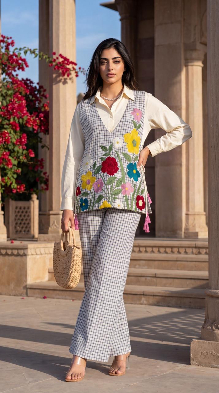 Matty check pure cotton smart three piece cordset (B856)