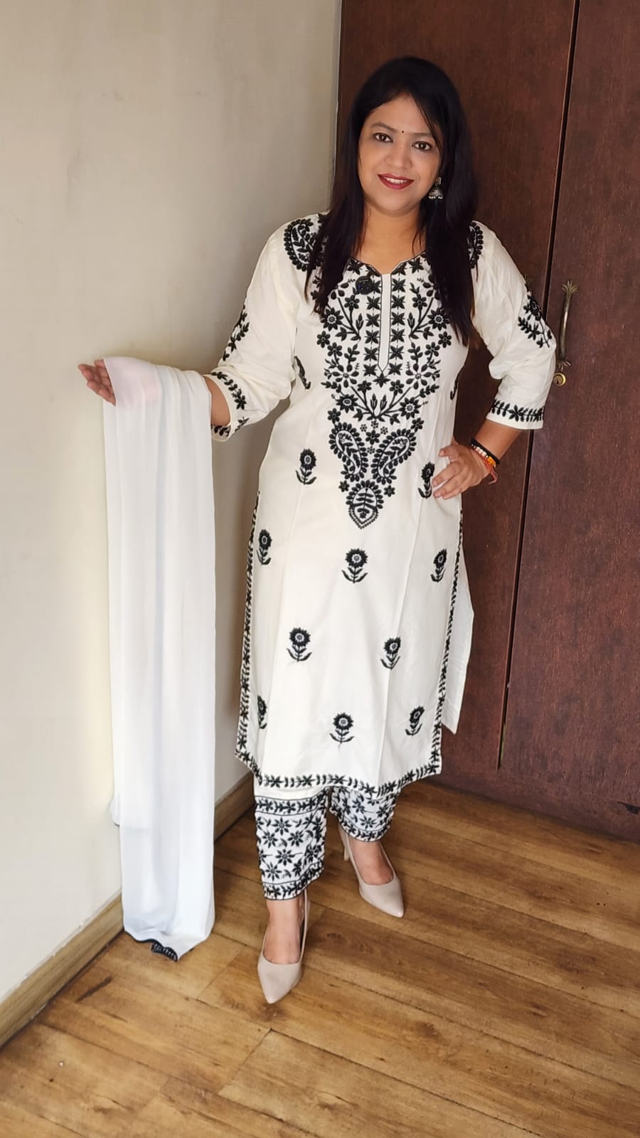 Cotton modal full chikankari three piece set (B309)