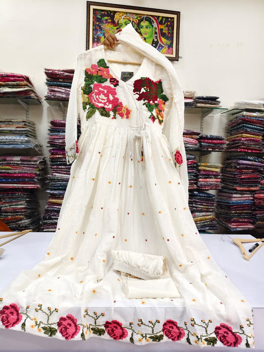 White anarkali pure cotton flared one (A176)