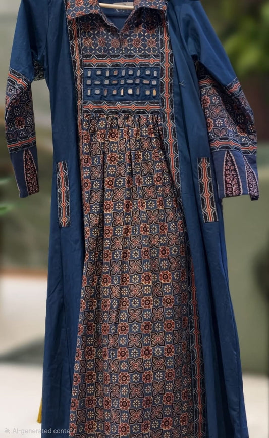 Handloom cotton with real mirror work two sides pocket smart one piece dress (B678)