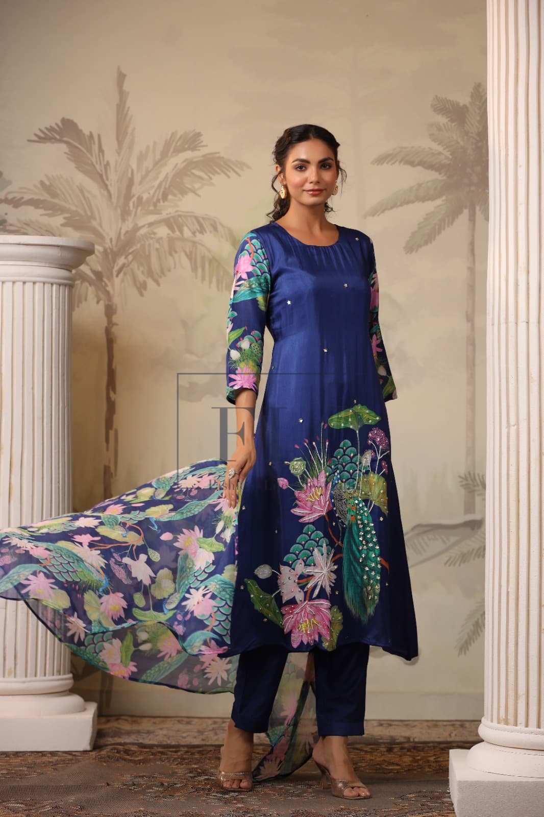 Royal blue pure raw silk designer three piece set (P1574)