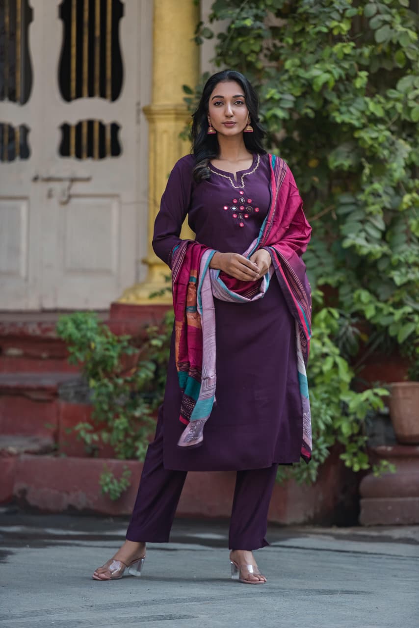 Pure muslin with real mirror work designer silk dupatta three piece set (A1271)