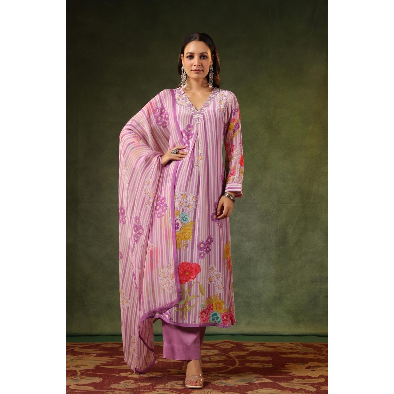 Purple pure muslin silk with organza duppatta three piece set (P662)