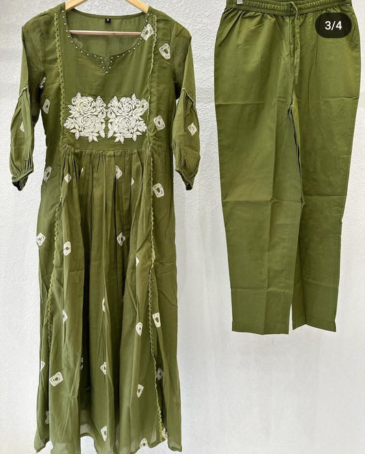 Olive green mul cotton two piece set (P228)
