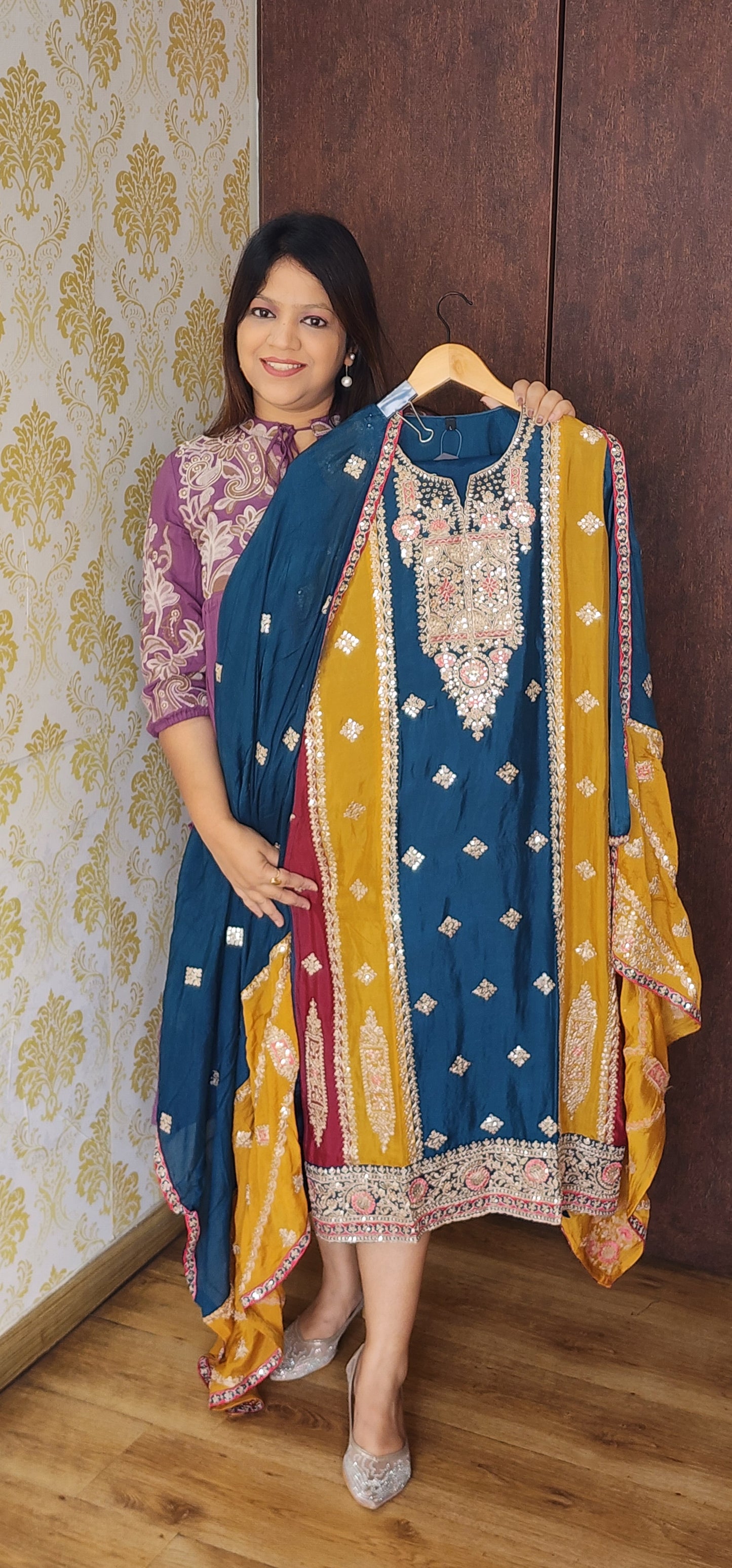 Pure silk blue with hand work three piece set (P729)