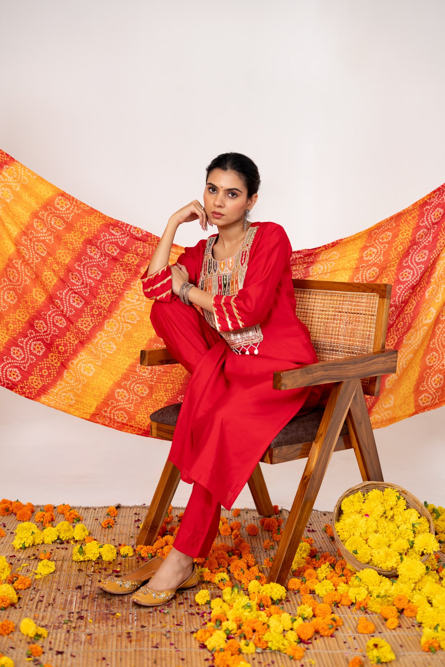 Red muslin with lining and bandani dupatta three piece set (A1003)