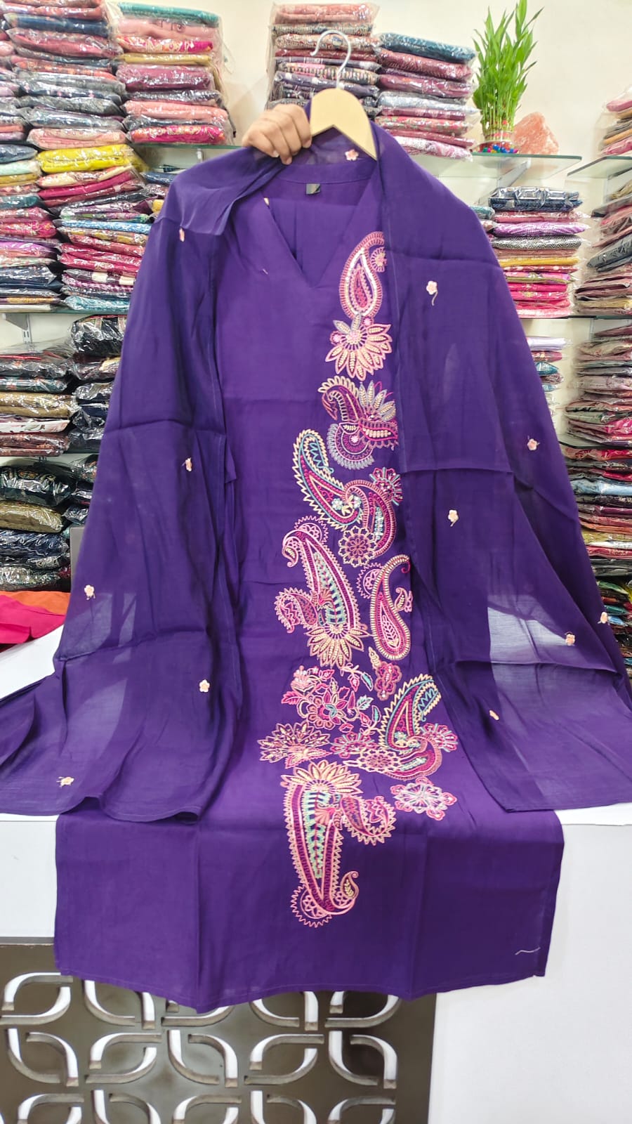 Purple pure Muslin three piece set (A1304)