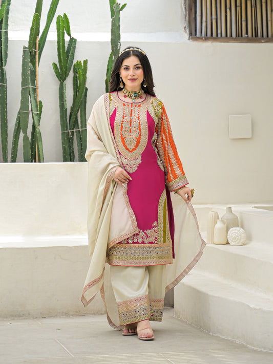 Pure chinnon full work pink based three piece set (A931)