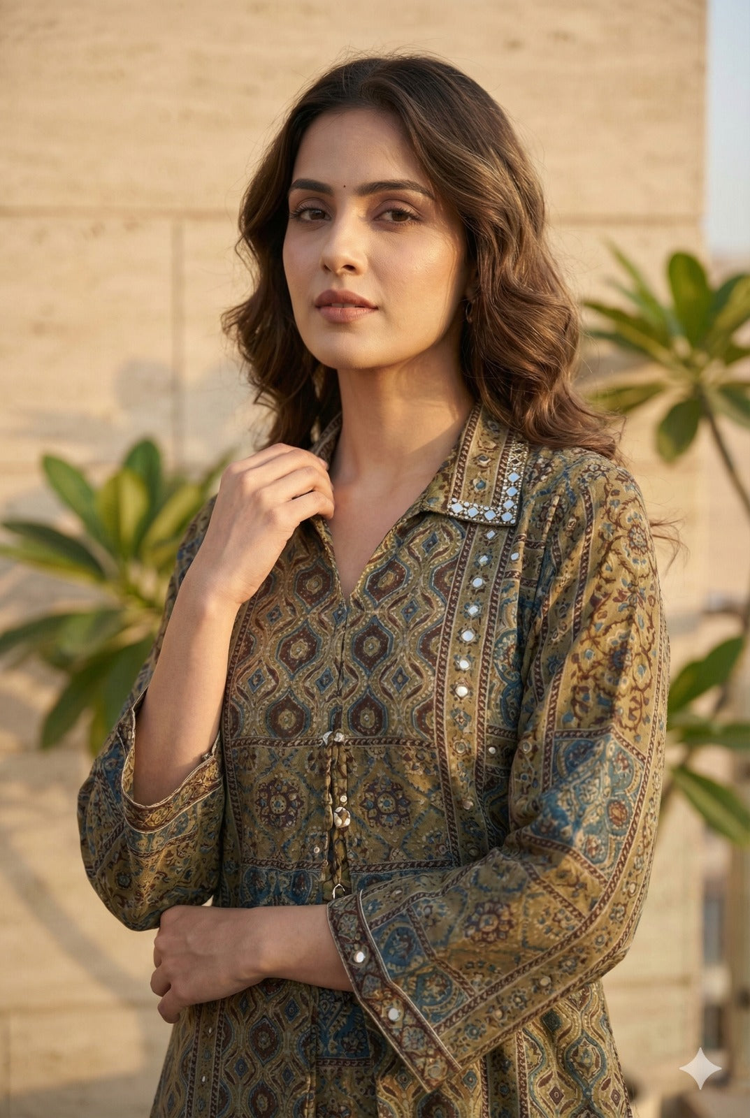 Mustred pure crape Ajrakh print loose pattern fit upto 46 size (B249)