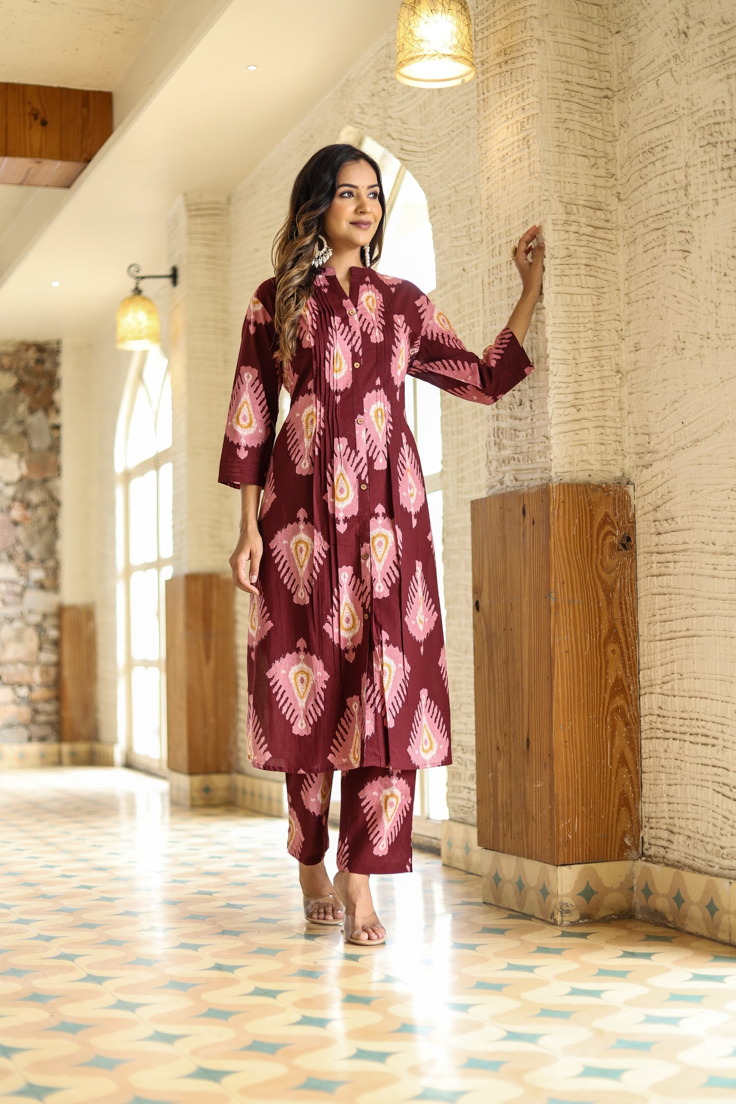 Wine ikkat print pure cotton with kota dupatta three piece set (P888)