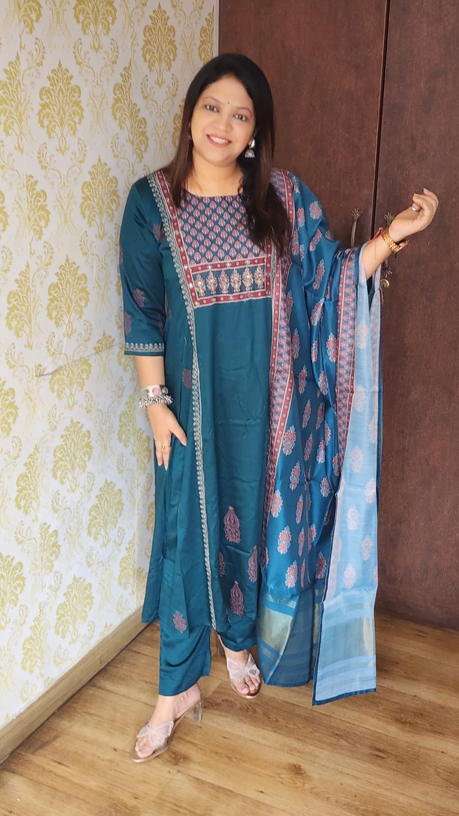 Peacock blue pure gaji silk anarkali P1491