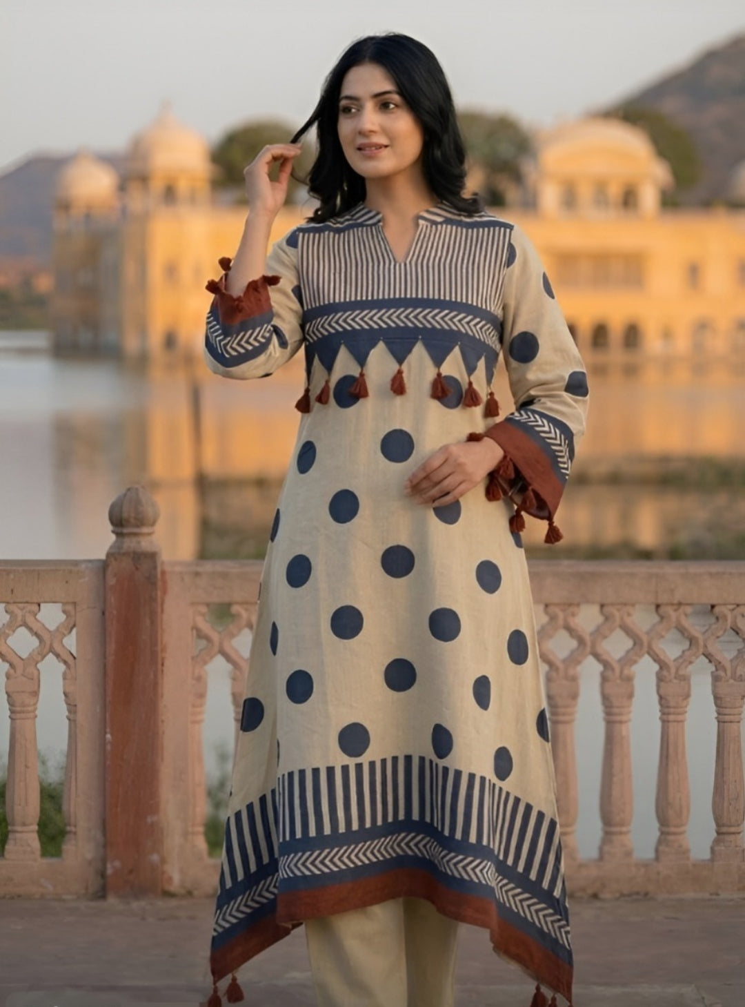 Pure muslin polka dot A line with tassels smart two piece cordset (B308)