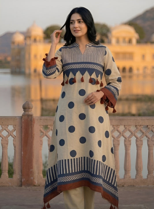 Pure muslin polka dot A line with tassels smart two piece cordset (B308)