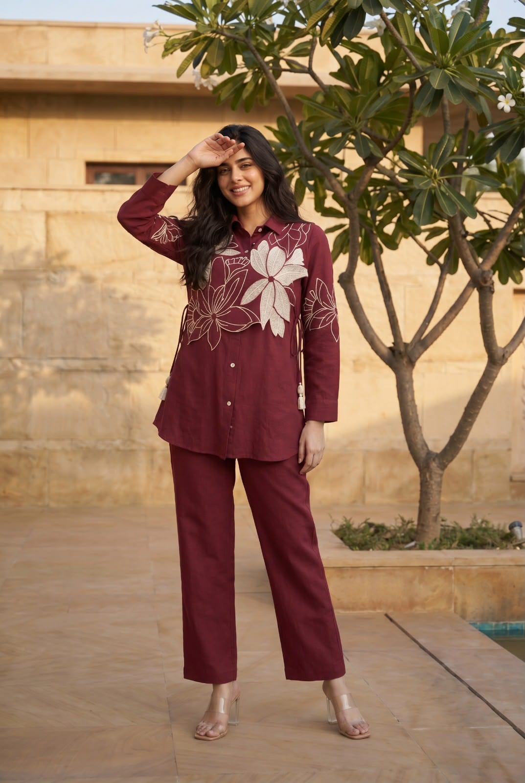 Cotton linen with embroidered shirt smart two piece cordset (C458)