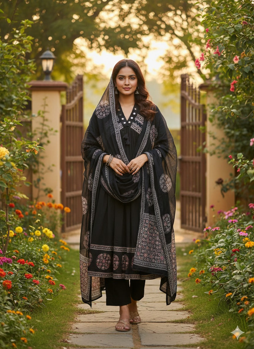 Black pure cotton aliya pattern with real mirror work and ajrakh dupatta three piece set (A1587)