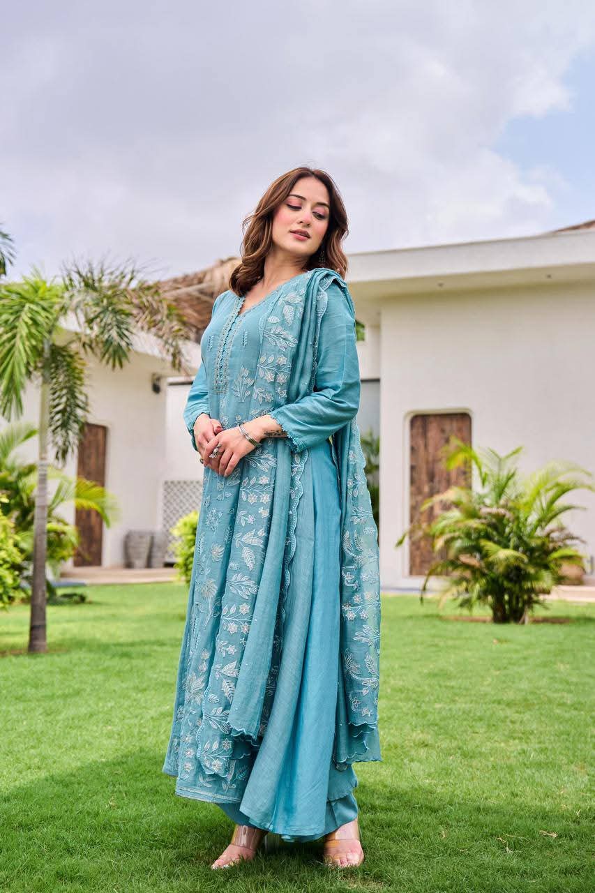 Powder blue pure mul chanderi fully thread work three piece set (A671)