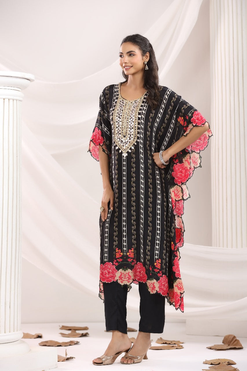 Black natural crape full gota work designer kaftan set (P1535)