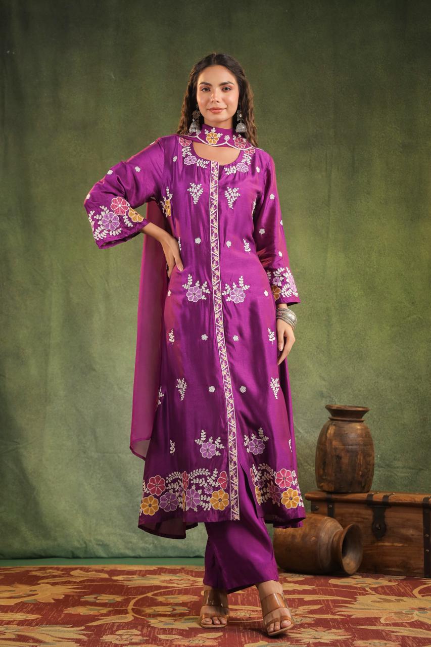 Purple pure dola silk with cotton lining three piece set (P858)