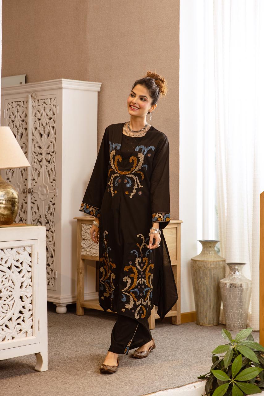 Black Pure cotton fully embroidered on top and bottom smart two piece cordset (S173)