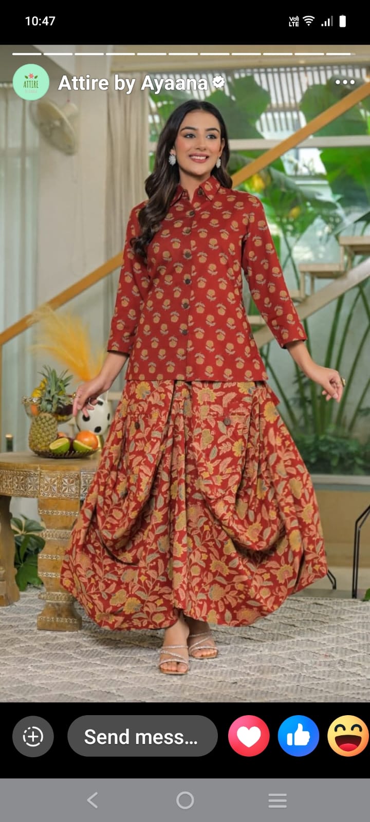 Rust red pure cotton original block print with cowl skirt two piece cordset (A1294)