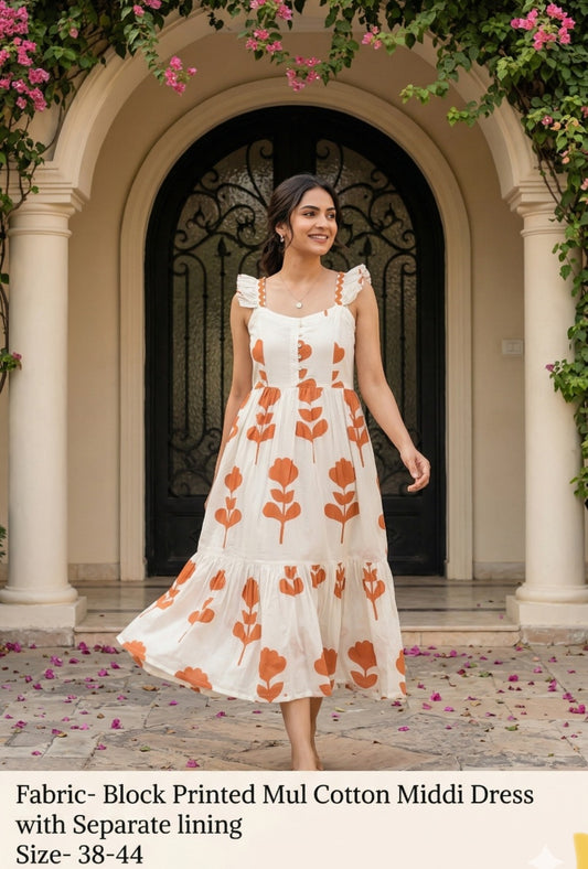 Original block print with mul lining smart one piece dress (B450)