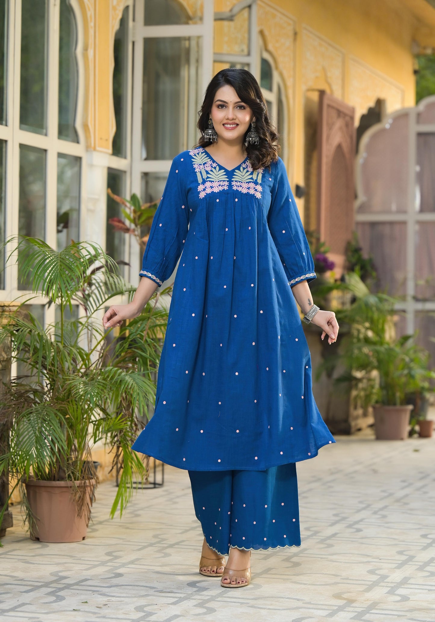 Blue handloom cotton with full embroidery designer two piece cordset (T158)