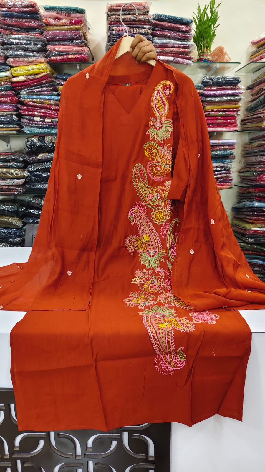 Brunt orange pure Muslin fully thread work three piece set (A1306)