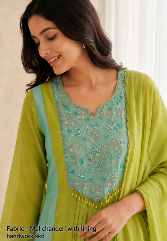 Mul chanderi with hand work three piece set (B1044)