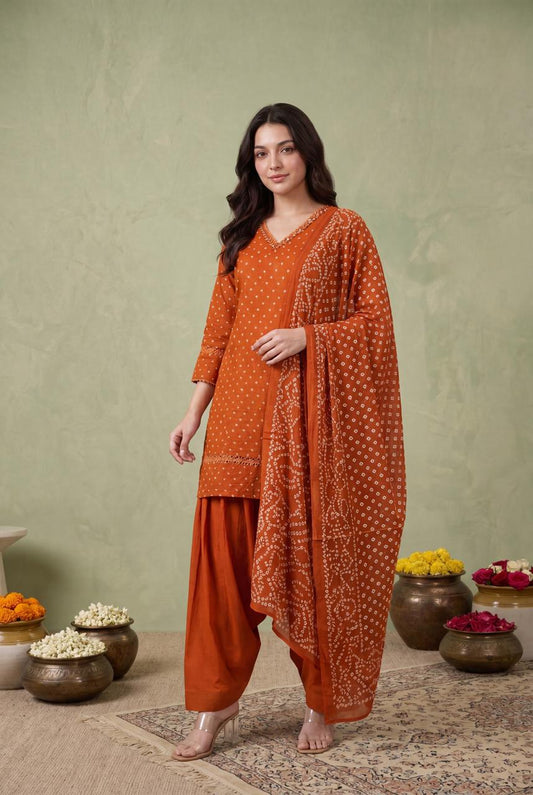 Pure cotton bandani print with farshi salwar smart three piece set (S172)