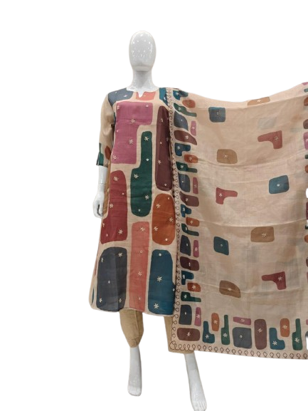 Pure chanderi with katha work three piece set (A1388)