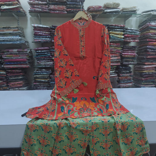 Tomato red pure crape two piece cordset (A160)