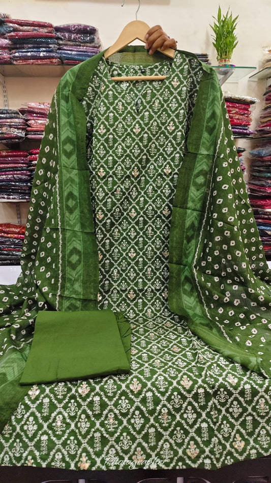 Green pure cotton with kota dupatta three piece set  (A992)