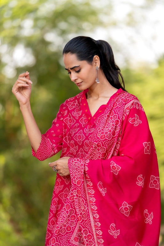 Rani pink bandani print pure mul silk three piece set (A309)