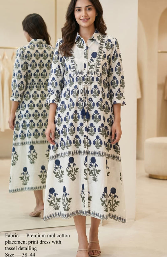 Pure cotton block print with string one piece dress (B610)