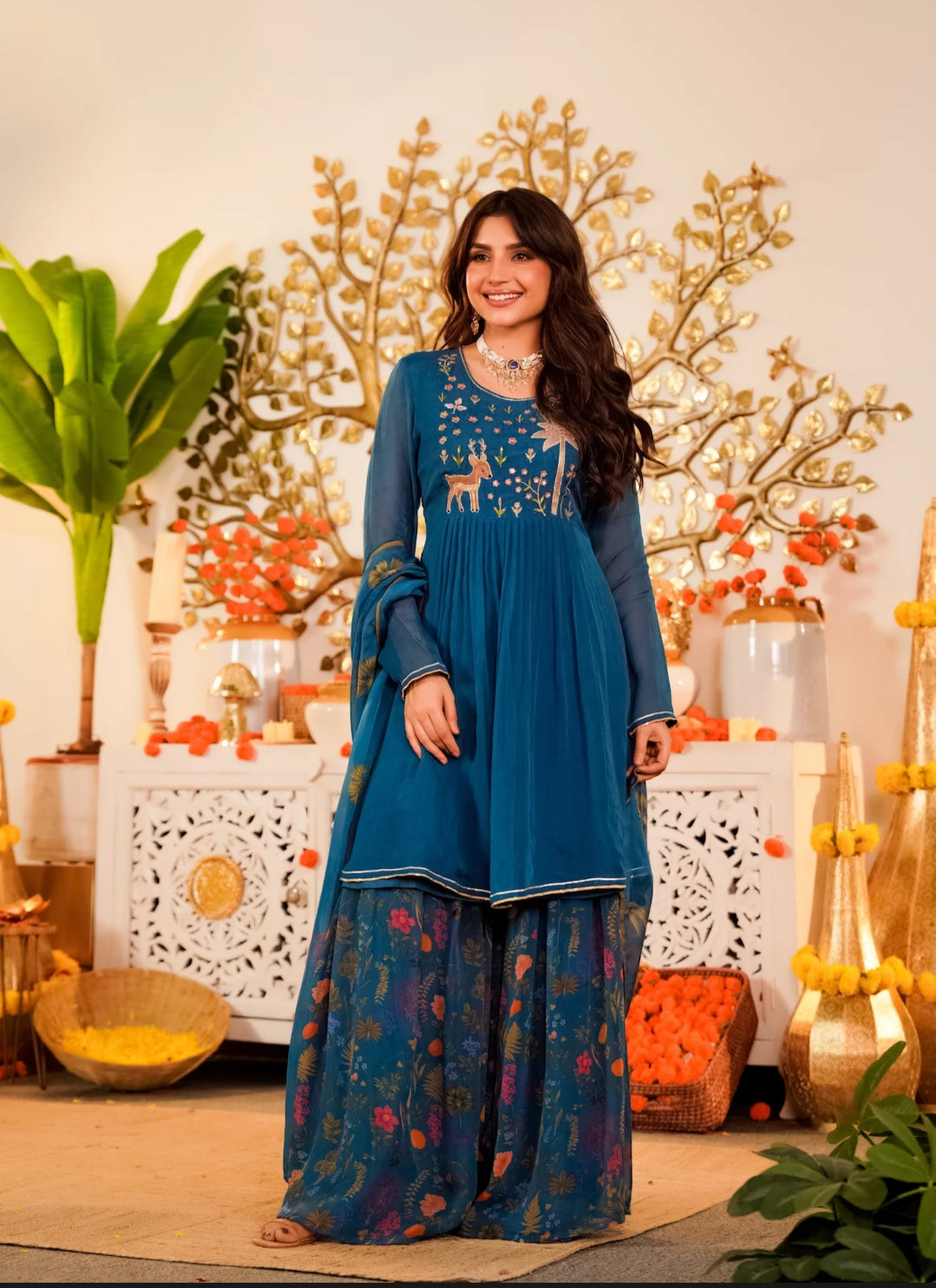 Pure oraganza designer three piece sharara set (A1217)