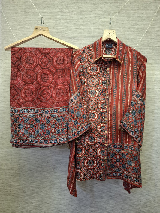 Pure crape Ajrakh print smart two piece cordset (B1026)