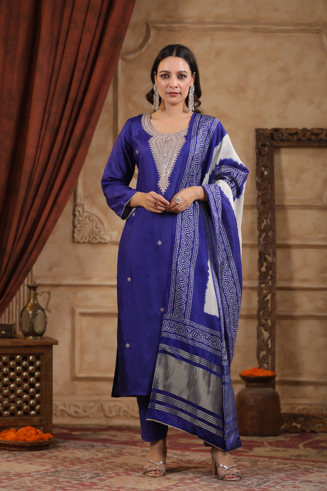 Purple pure silk withheavy work on neck line and bandani  dupatta (P1304)