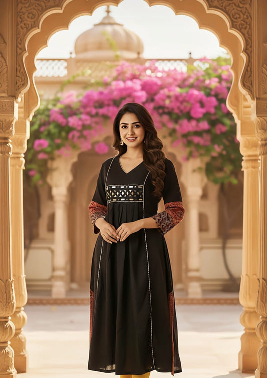 Black flared orginal ajrakh with real mirror work one piece dress style kurta (A1891)
