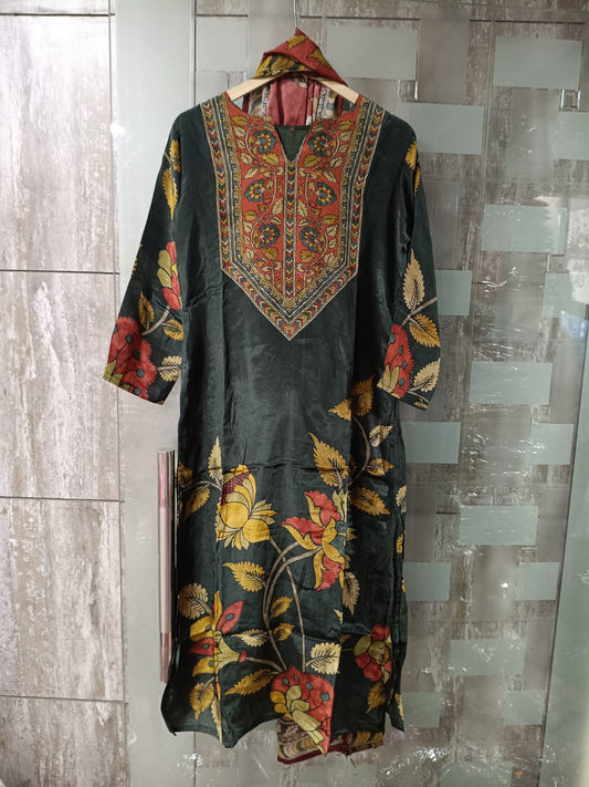 Pure crape kalamkari with lining and chinnon dupatta three piece set (C225)