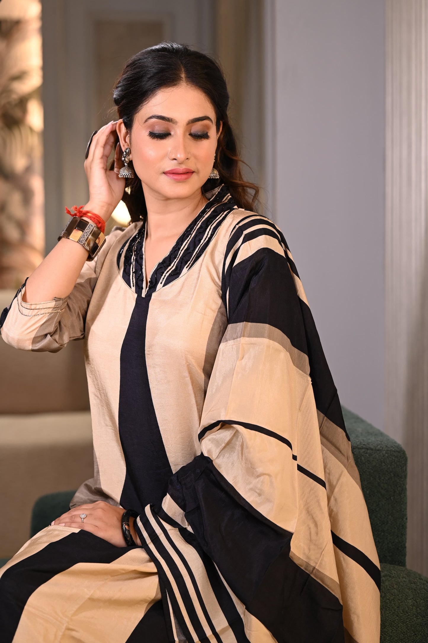 Black Russian silk with beautiful work on  collar and  cotton lining three piece set (T12)