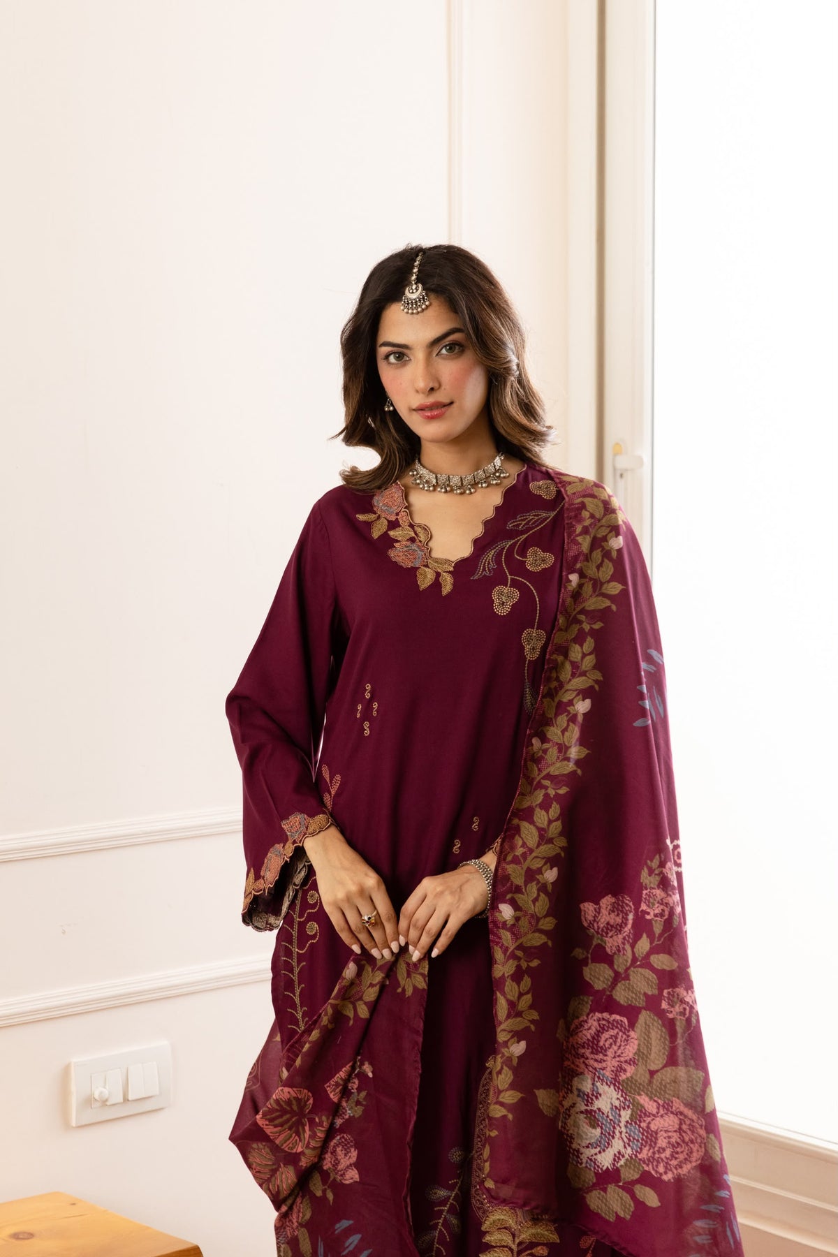 Cotton modal fully embroidered with printed dupatta three piece set (C800)