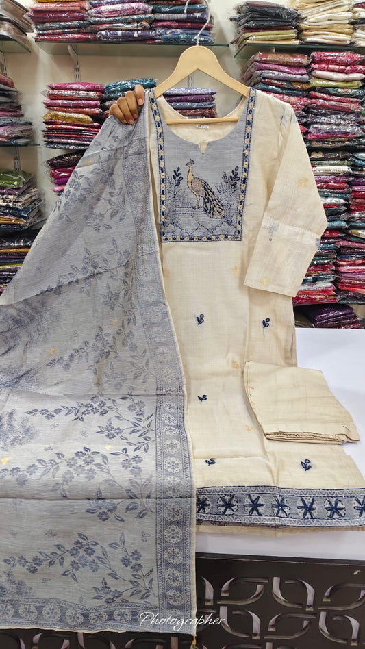 Cotton chanderi with thread work three piece set slim fit (B505)