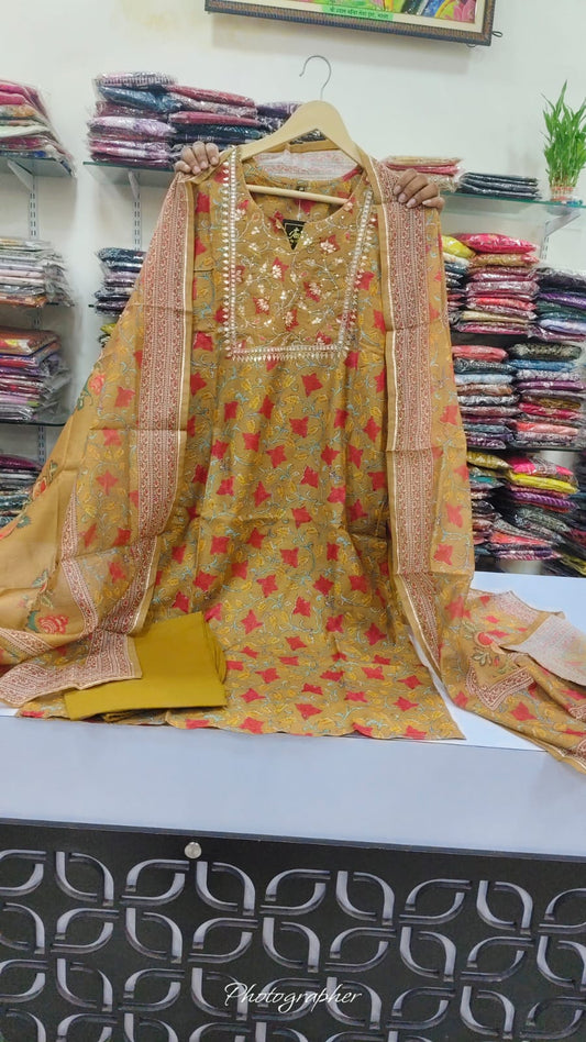 Mustred chanderi with lining three piece set (A919)
