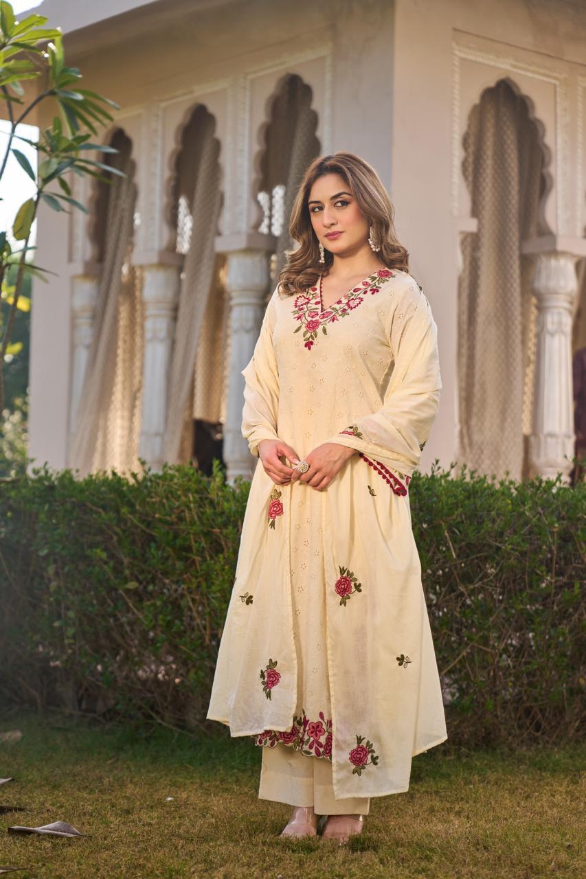 Cotton hakoba with mul lining full thread work three piece set (B877)