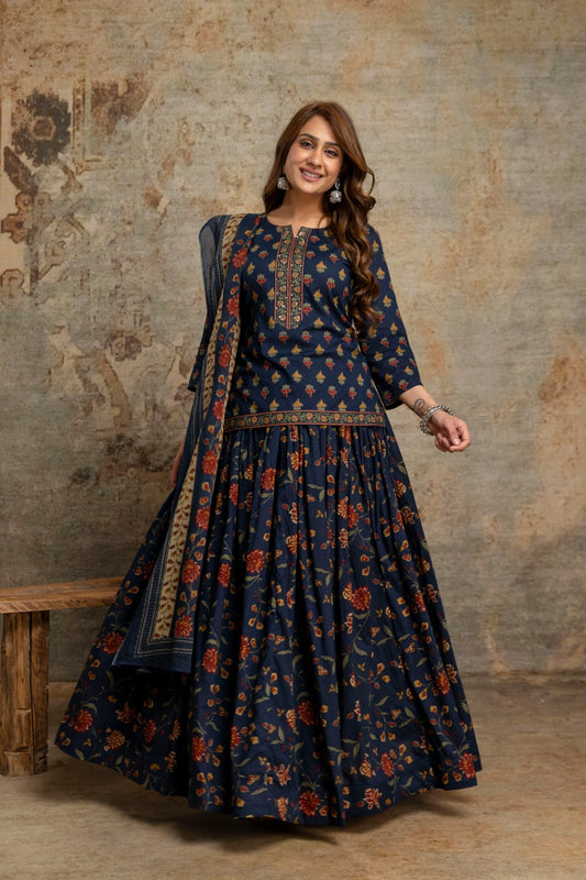 Pure cotton smart top with flared skirt with dupatta (S205)