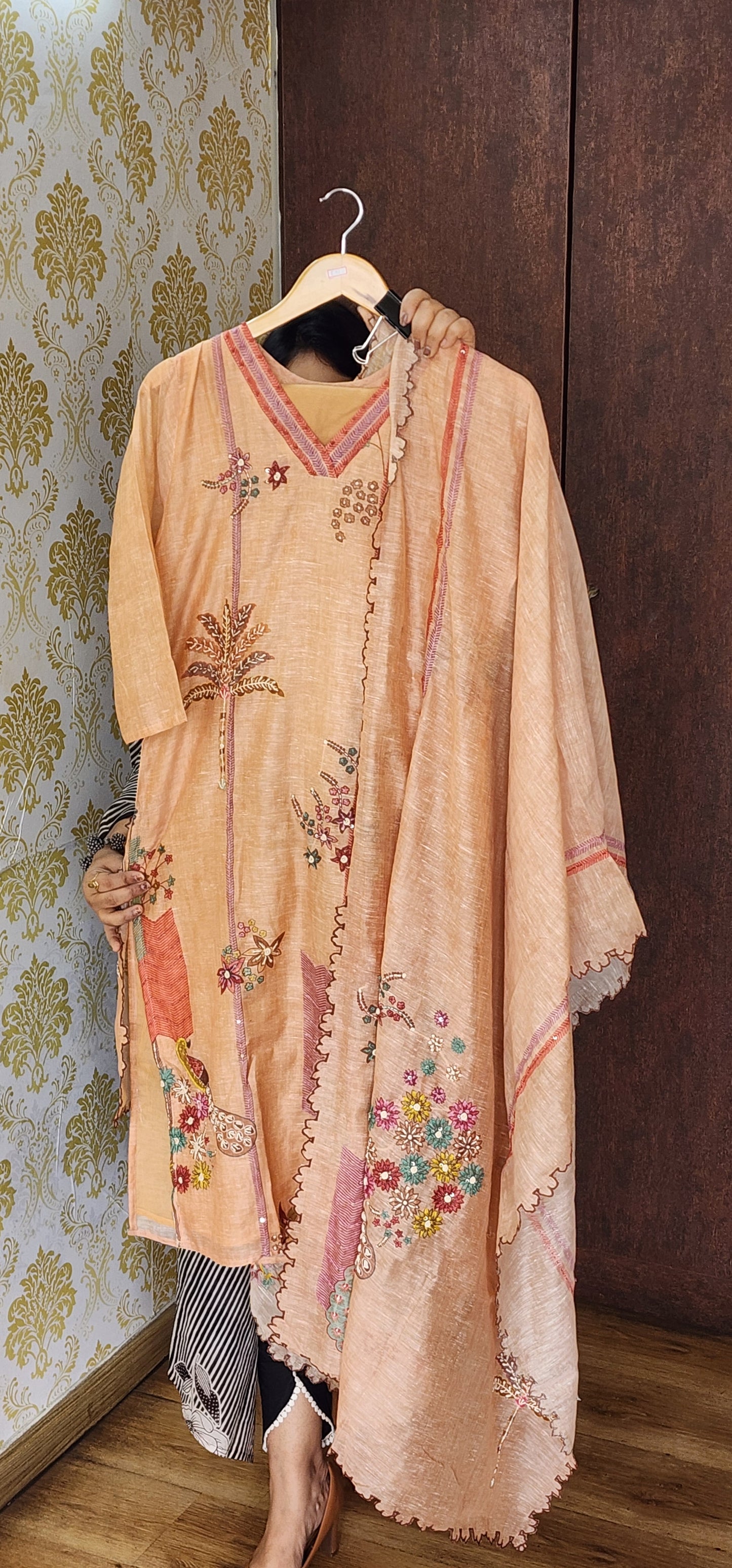 Peach pure linen with full hand work three piece set (P715)