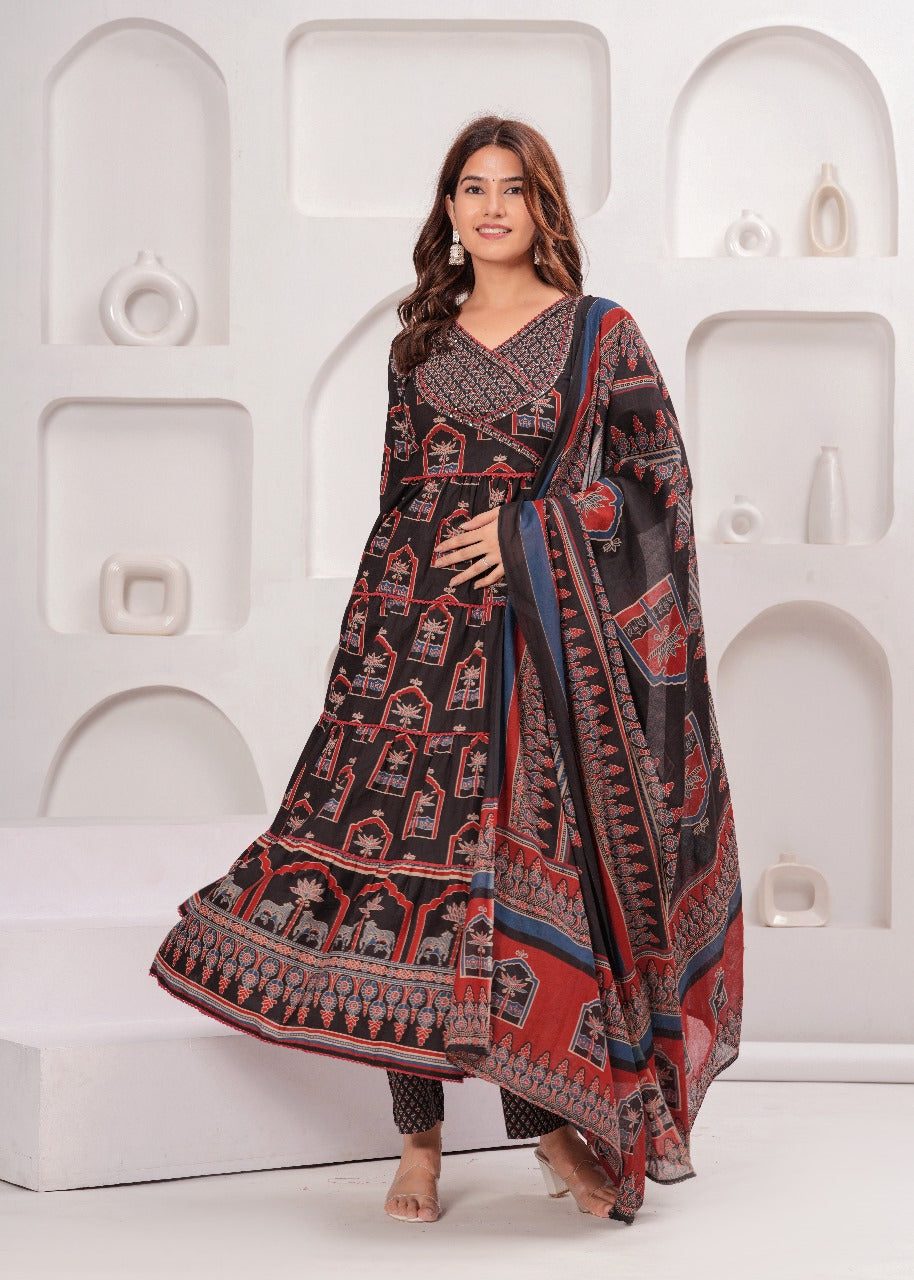 Black pure cotton pichwai print Anarkali three piece set (P545)